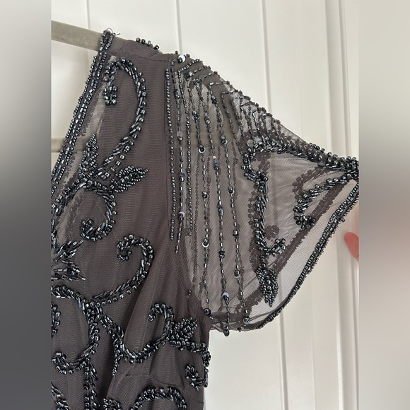 NWT Pisarro Nights 6 Beaded Column Long Gown Dress Slate Gunmetal Gray V Neck - Picture 9 of 12